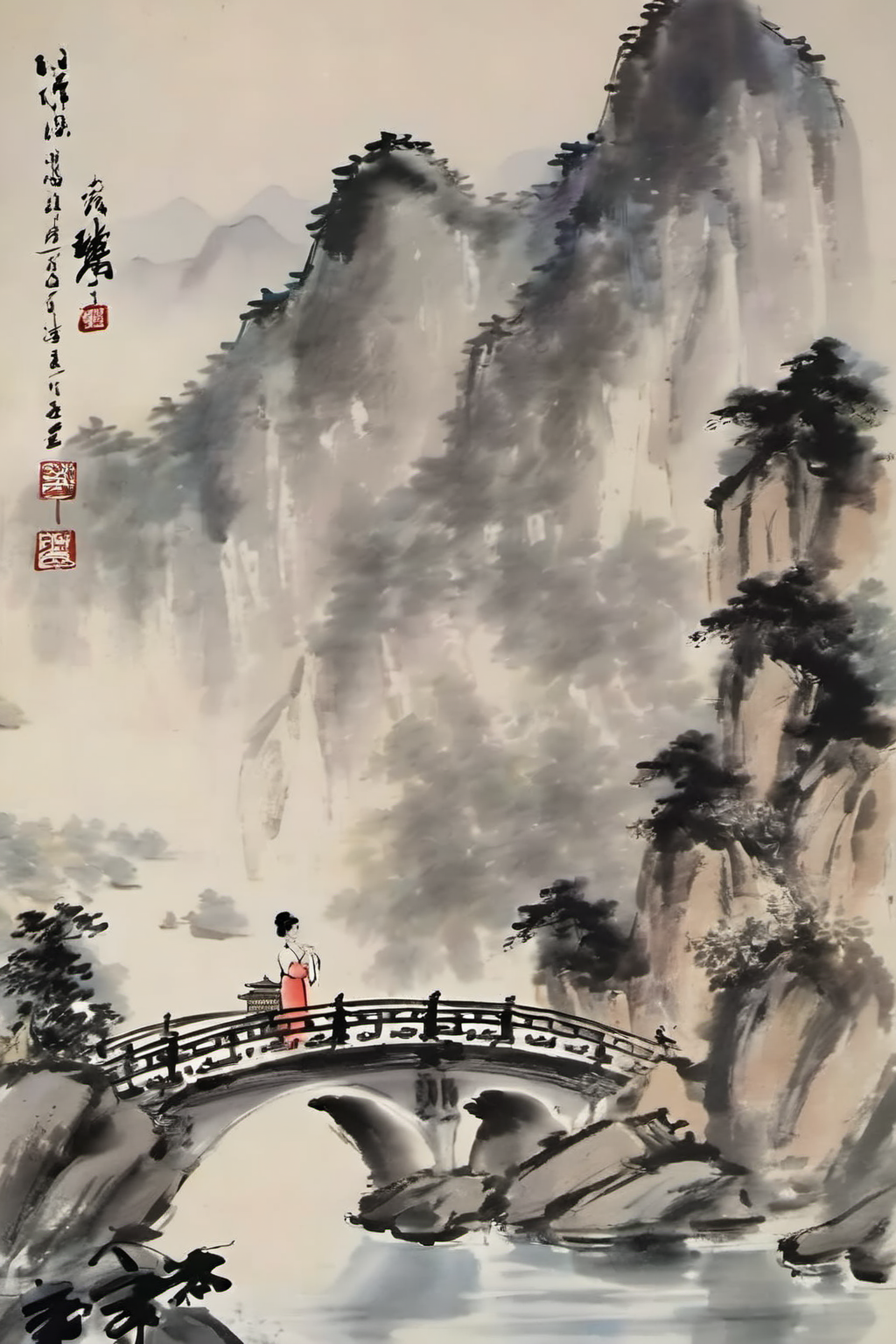 00427-2261010552-chinese ink painting, traditional media, liujiyou, 1 girl, wearing cheongsam, standing on the bridge, lake, chinese architecture.png